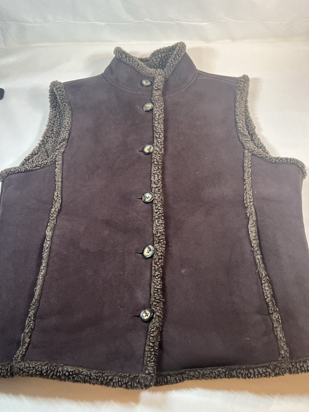 LL Bean Womens L Regular Dark Brown Faux Suede Sherpa Button Vest
